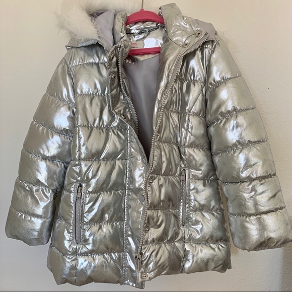 metallic silver puffer coat